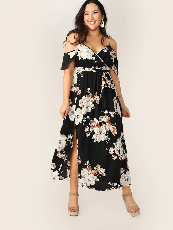 Plus Cold Shoulder Botanical Wrap Dress Striped unclassified dresses